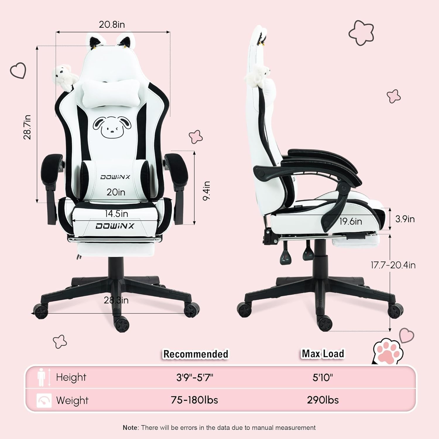 Cute Dog Ear Gaming Chair Massage Lumbar Footrest 290lbs White