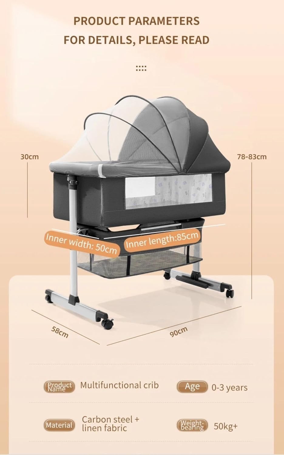3in1 Baby Crib Bassinet Adjustable Height Travel Cot with Mosquito Net