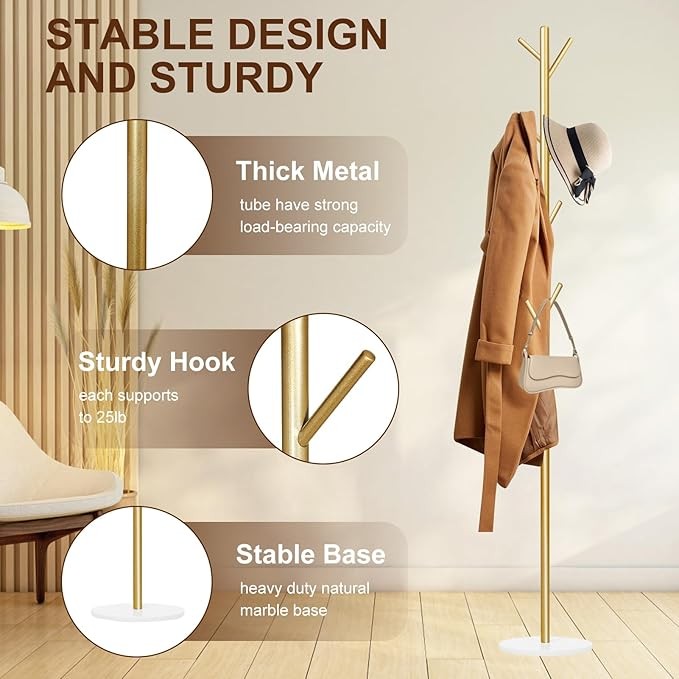 Gold Metal Coat Rack 8 Hooks with Marble Base Freestanding Hall Stand