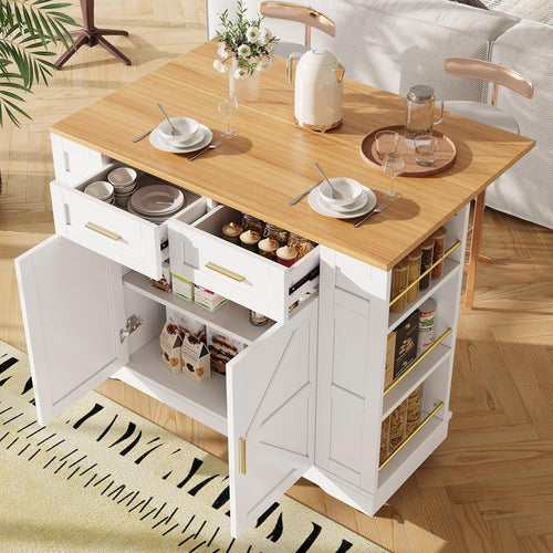 White Mobile Kitchen Island on Wheels with Foldable Worktop, Drawers & Racks
