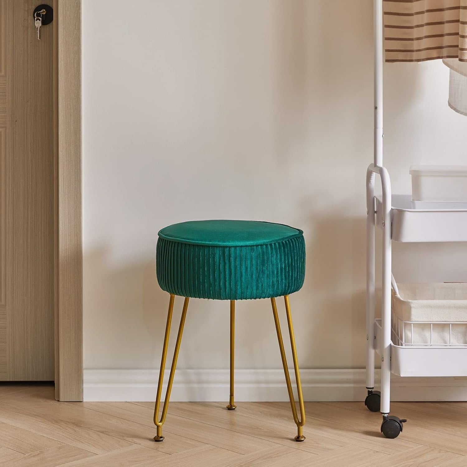 Velvet Round Footrest Stool with Golden Steel Legs – Creamy-White Vanity Seat