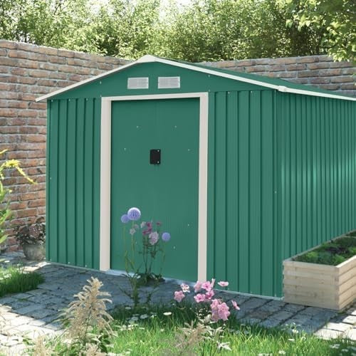 Outdoor Metal Garden Shed 8x10’ Green Lockable Sliding Door Storage