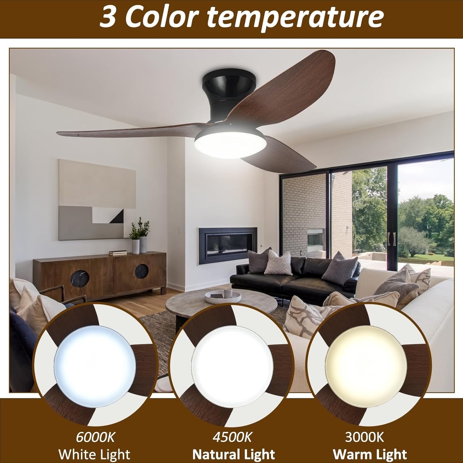 Lrenjon 100CM Ceiling Fan Light, 6-Speed Silent LED Flush Mount – Walnut