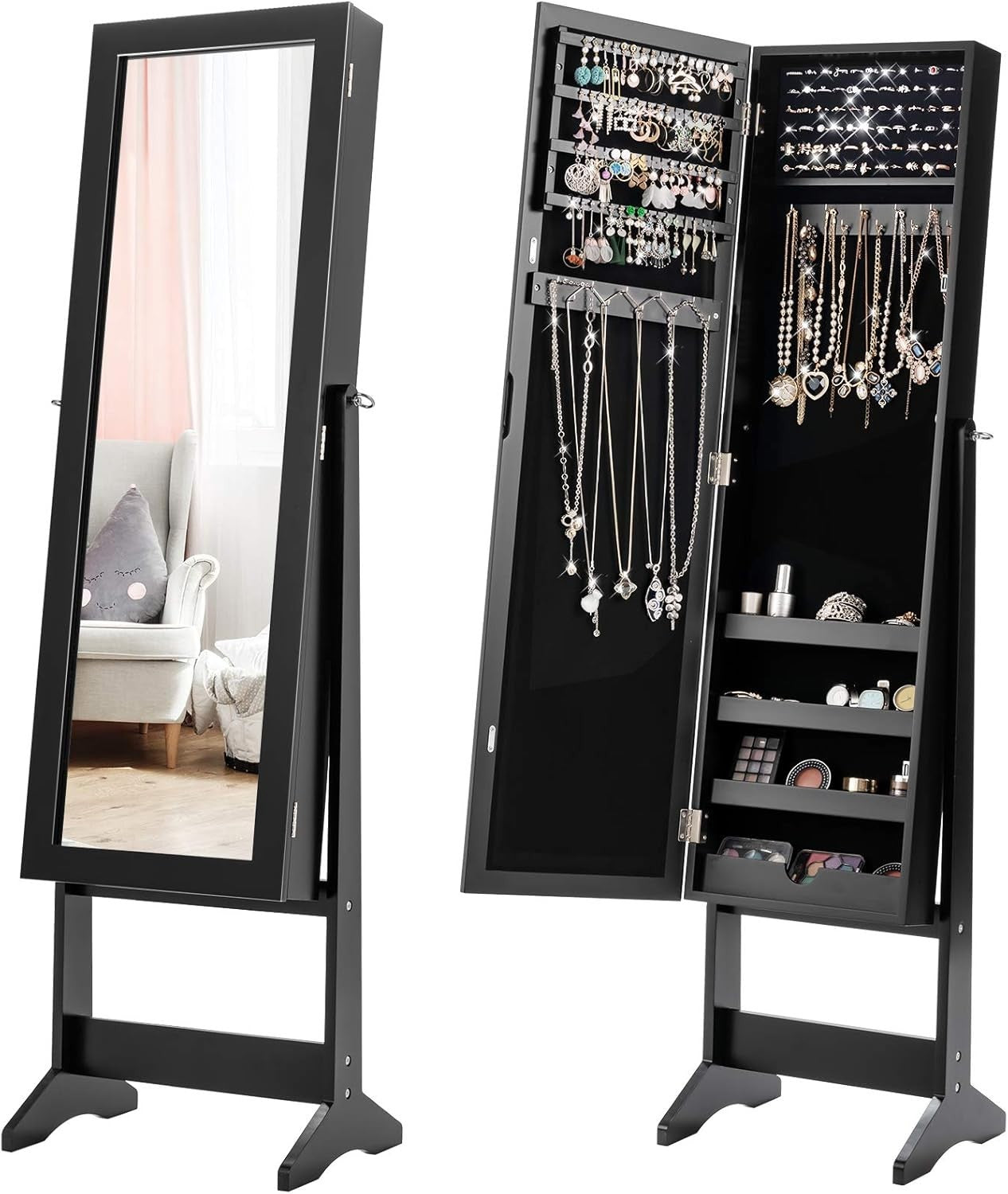 Adjustable Standing Jewelry Armoire Full Length Mirror Storage Black