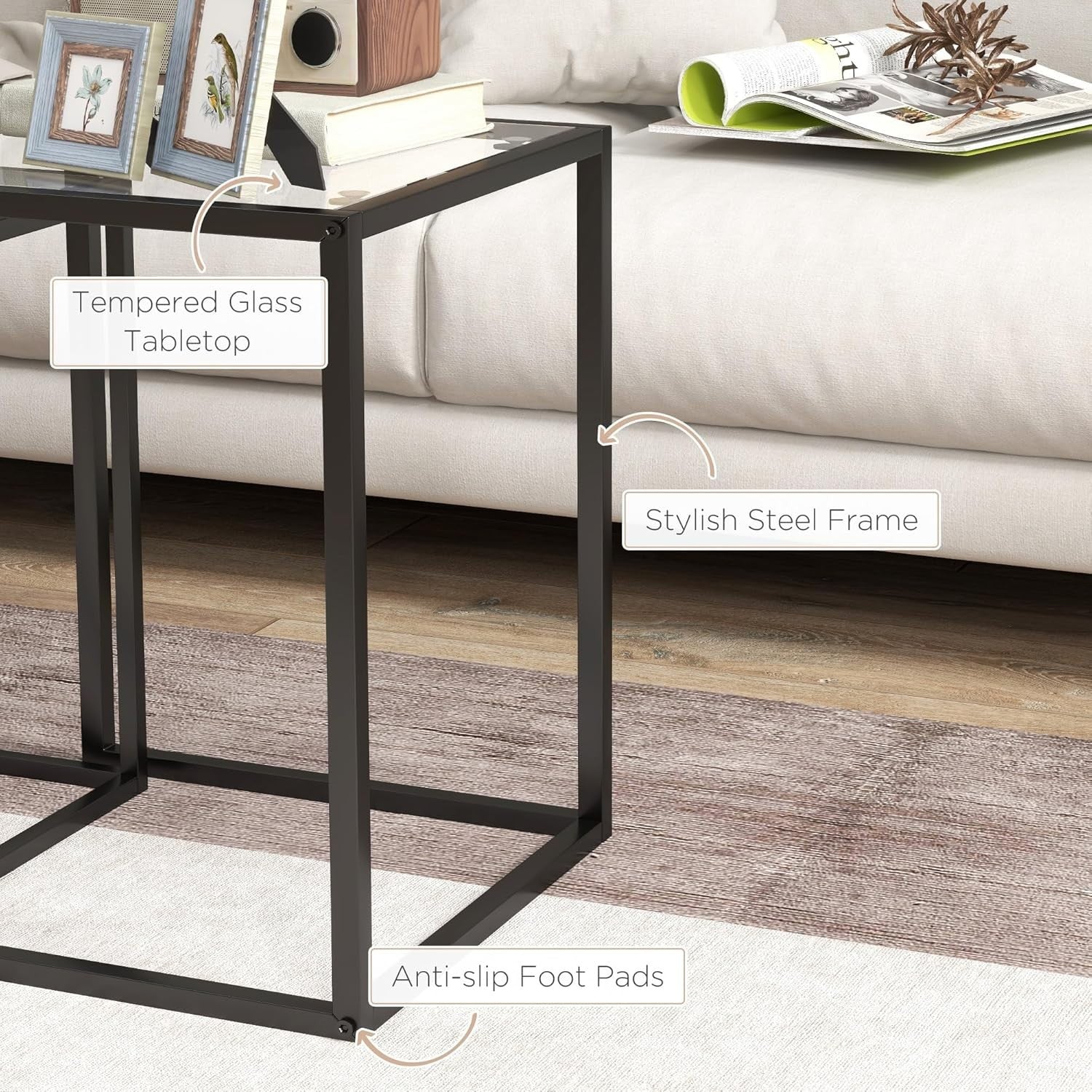 Black Nesting Coffee Table Set of 2 Square Tempered Glass Side End Tables