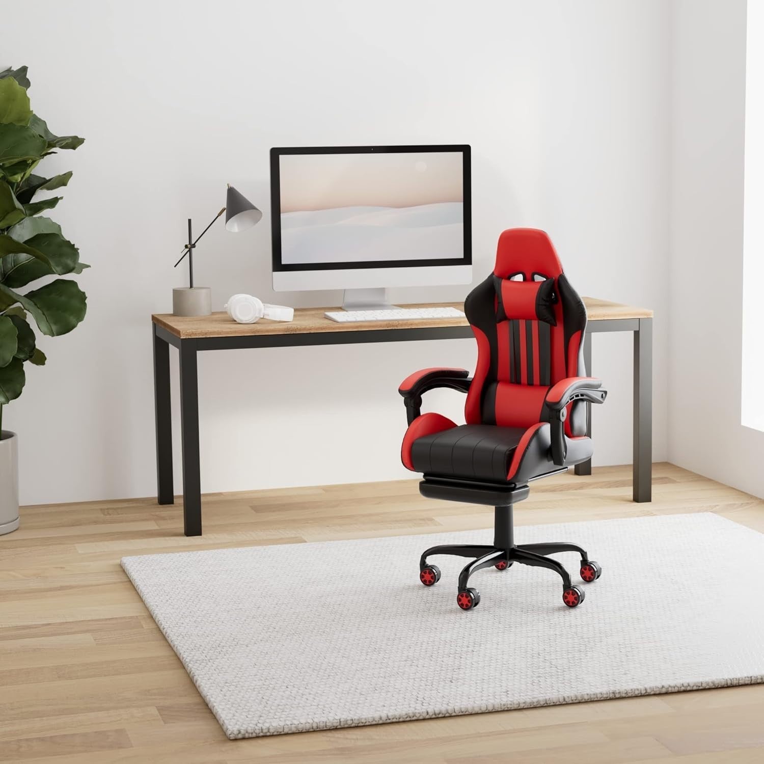 Red PU Leather Gaming Chair Office Desk Swivel PC Recliner Footrest Padded Seat