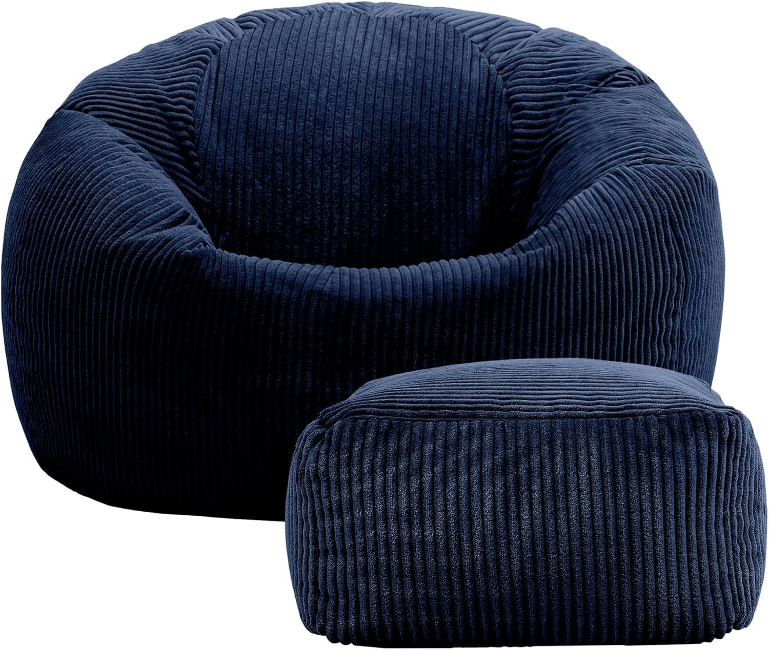 Navy Cord Bean Bag Chair with Footstool Adult Comfy Lounge Seat Set