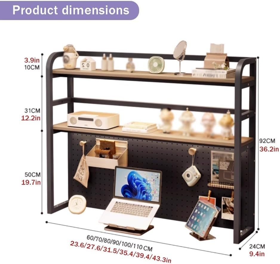 60cm Black Desktop Bookshelf 2-Tier Desk Hutch Pegboard Storage Display Shelf