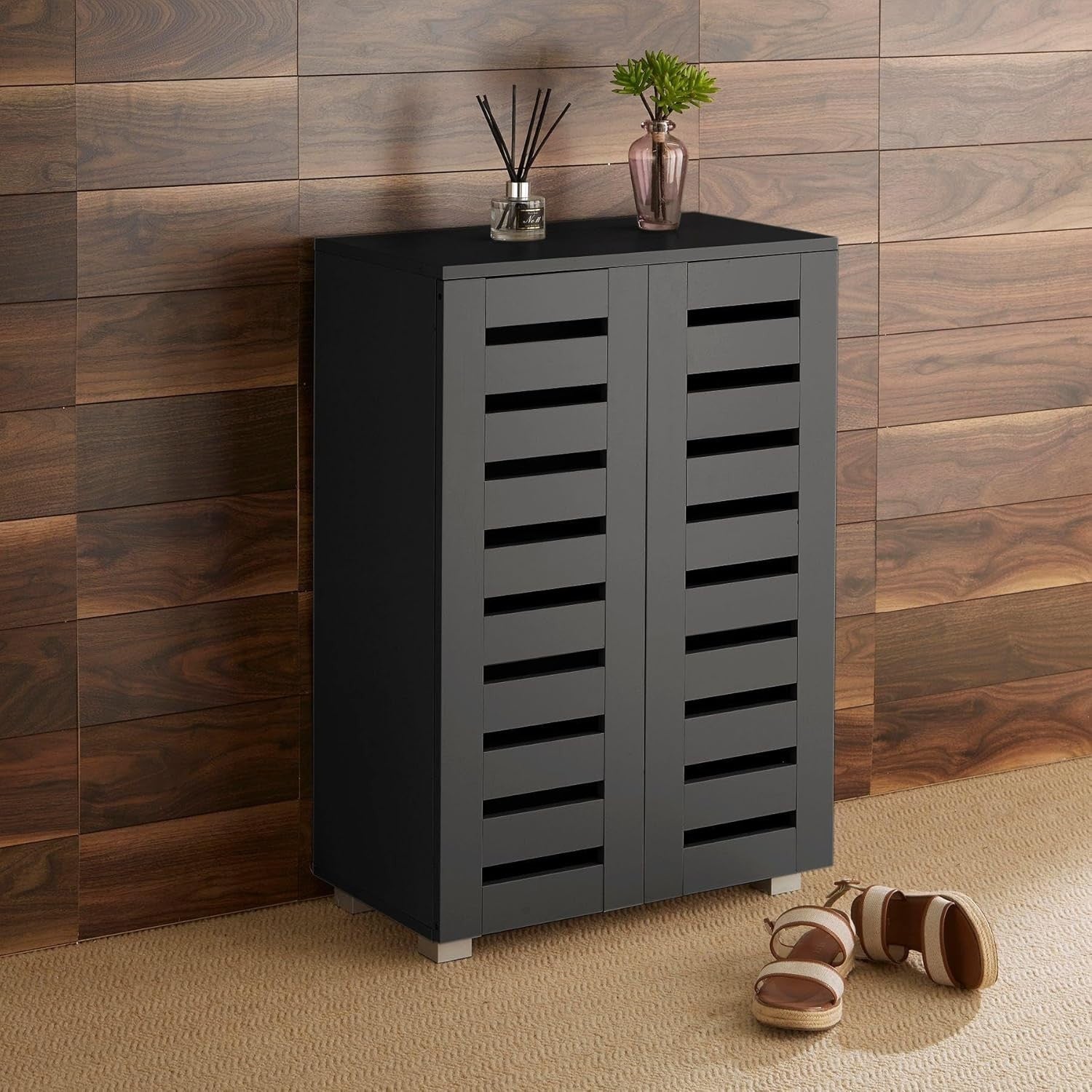 Black Wooden Shoe Cabinet 2 Door Storage Unit Slim Cupboard 87cm Tall