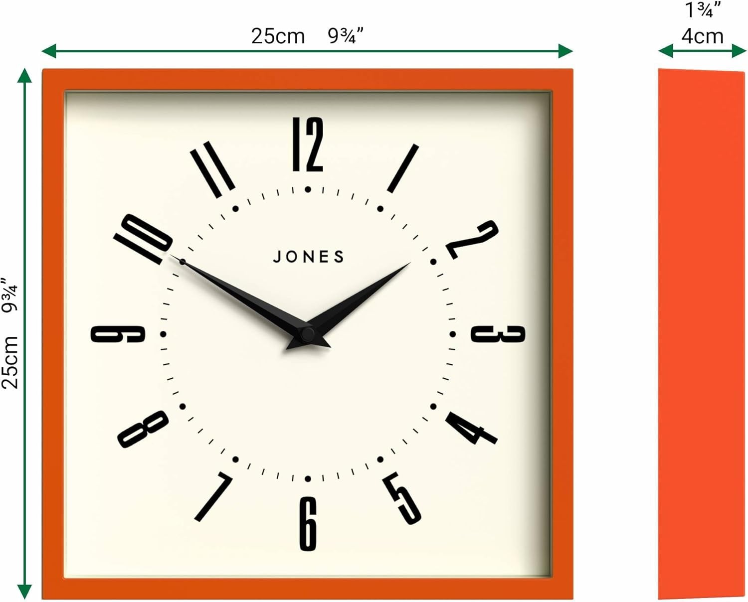 25cm Orange Square Wall Clock Retro Silent Quartz Easy Read Numbers Kitchen Offi