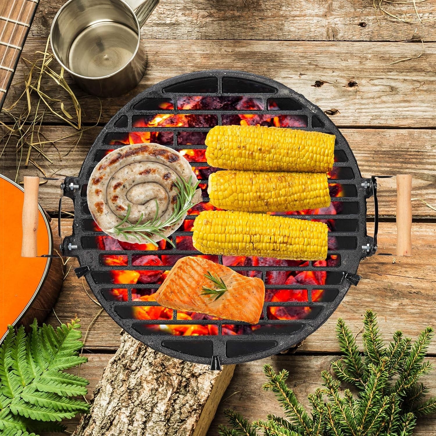 Cast Iron Charcoal BBQ Grill Adjustable Height Outdoor Garden Fire Pit Cooker
