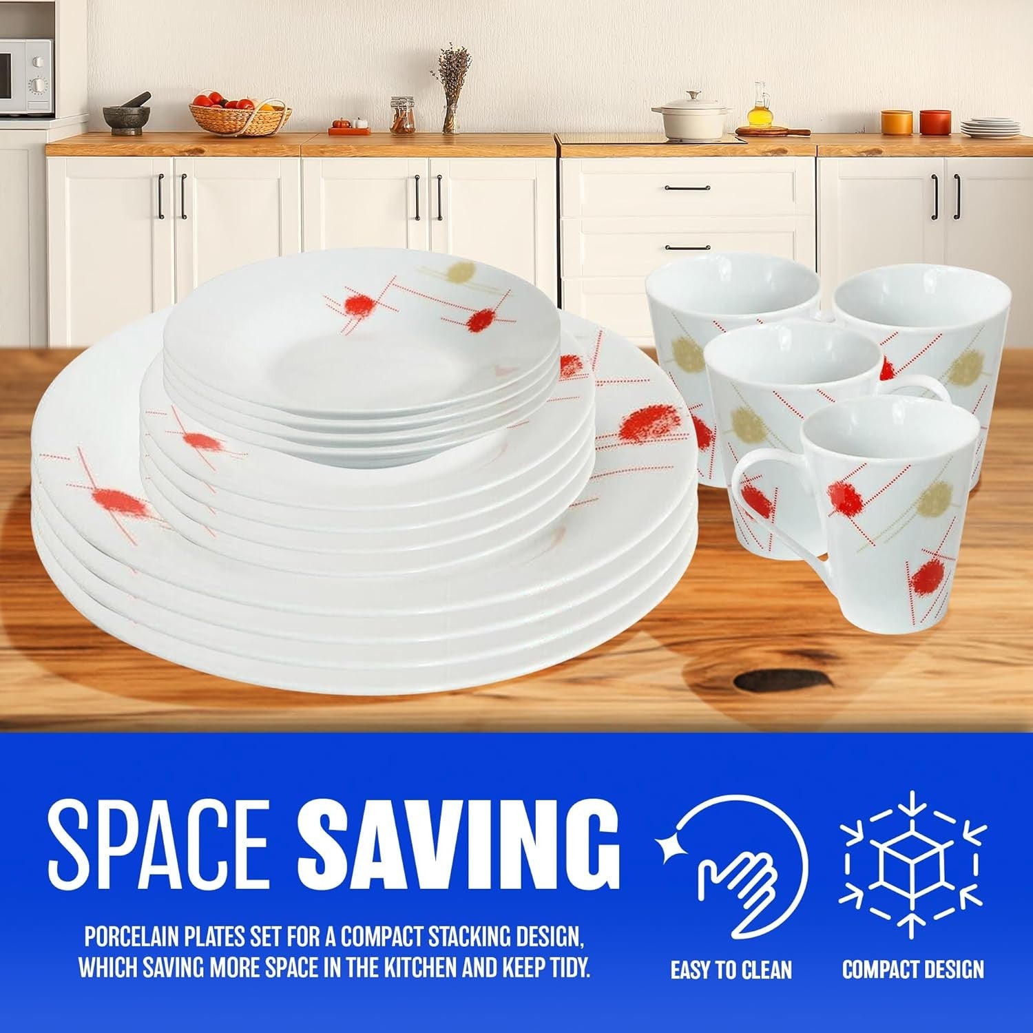 16pc Porcelain Dinner Set Plates Bowls Mugs Cream Red Microwave Safe