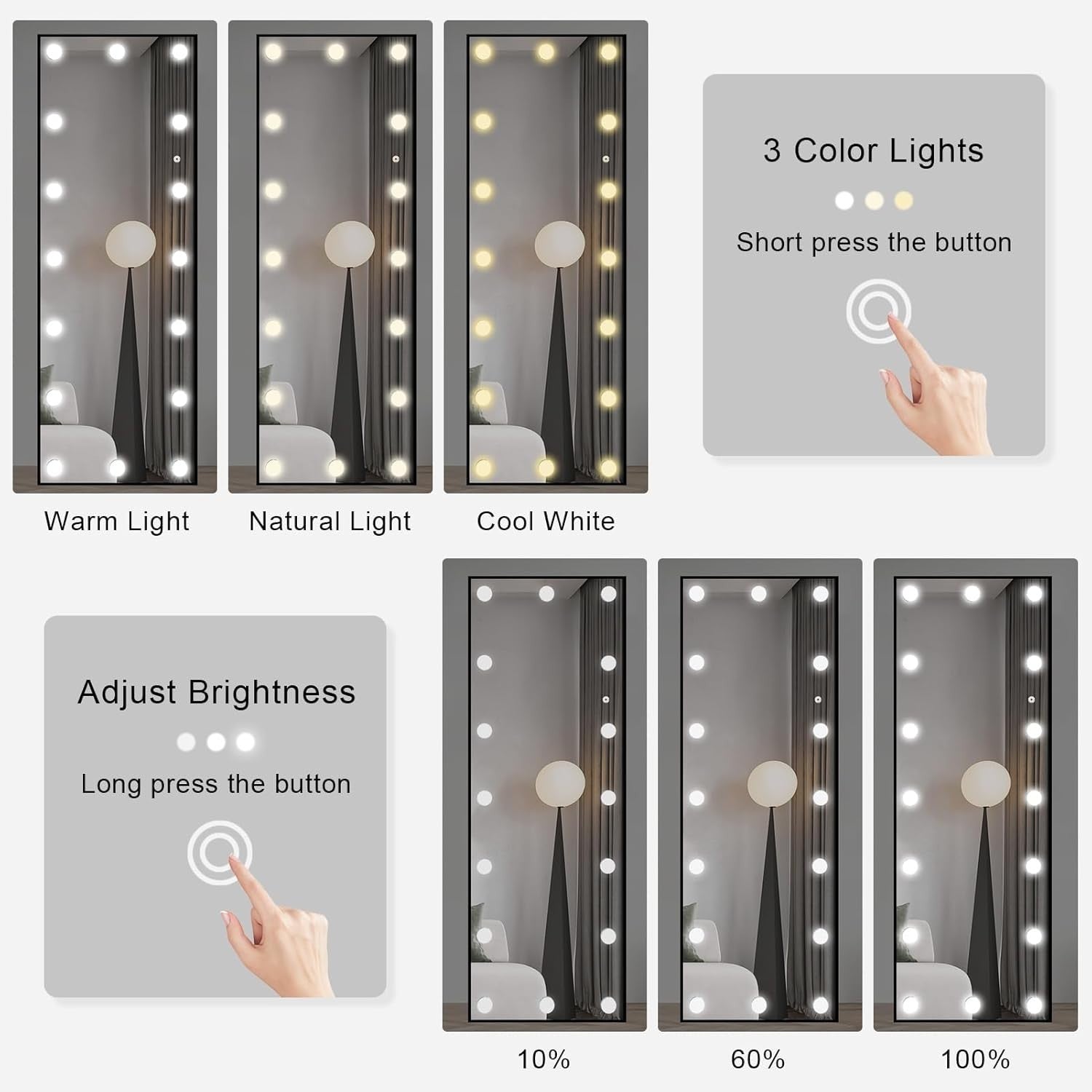 LED Hollywood Full-Length Mirror 140x50cm with Dimmable Lights & 3 Modes