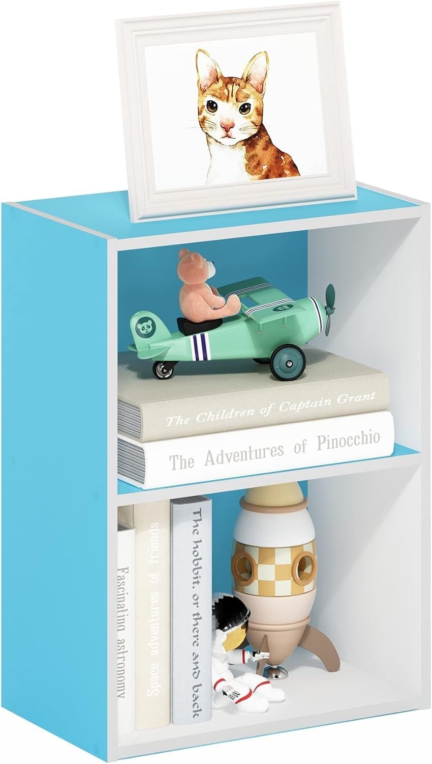 2 Tier Light Blue Wooden Bookcase Small Storage Shelf Compact Organizer 39x24x54