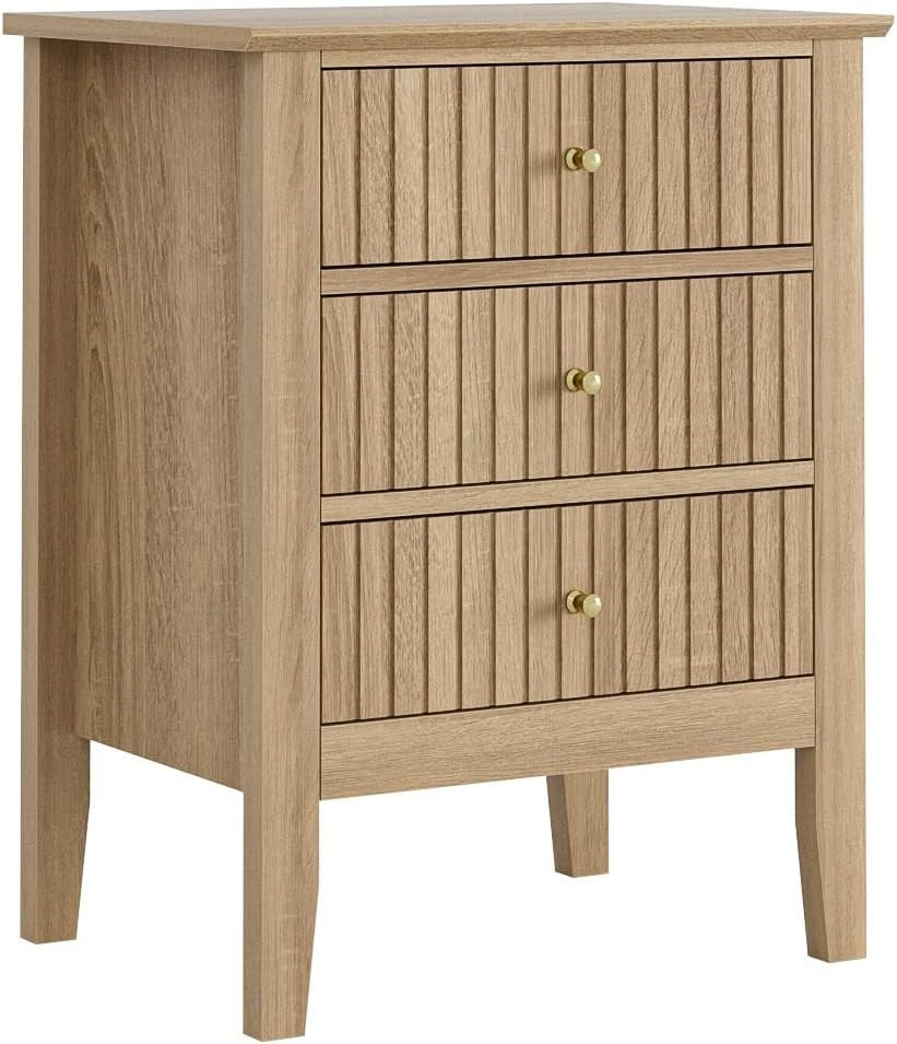 Modern Oak Bedside Table with 3 Drawers Wooden Nightstand Bedroom Storage