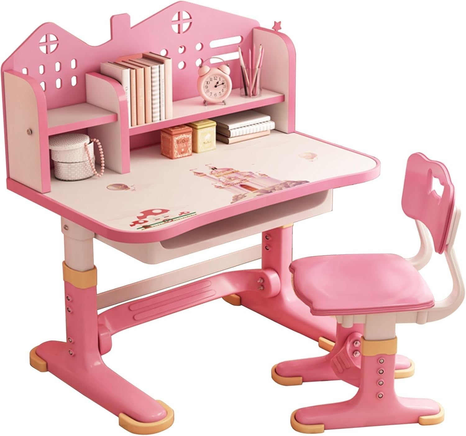 Adjustable Kids Desk & Chair Set with Drawer, Large Writing Surface Pink