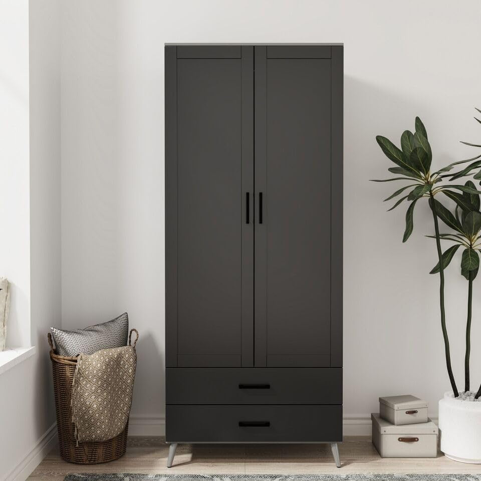 Modern Grey 2 Door Wardrobe with 2 Drawers – Space-Saving Bedroom Storage
