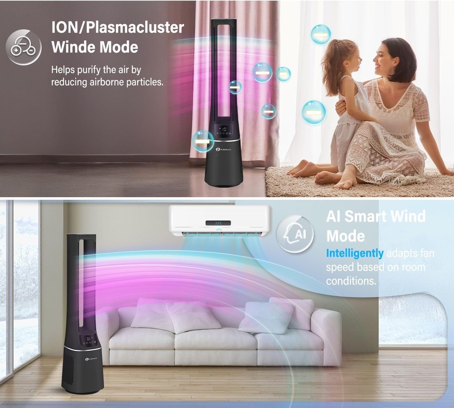 2-in-1 Bladeless Tower Fan Air Purifier HEPA Filter 10-Speed Remote Black Quiet