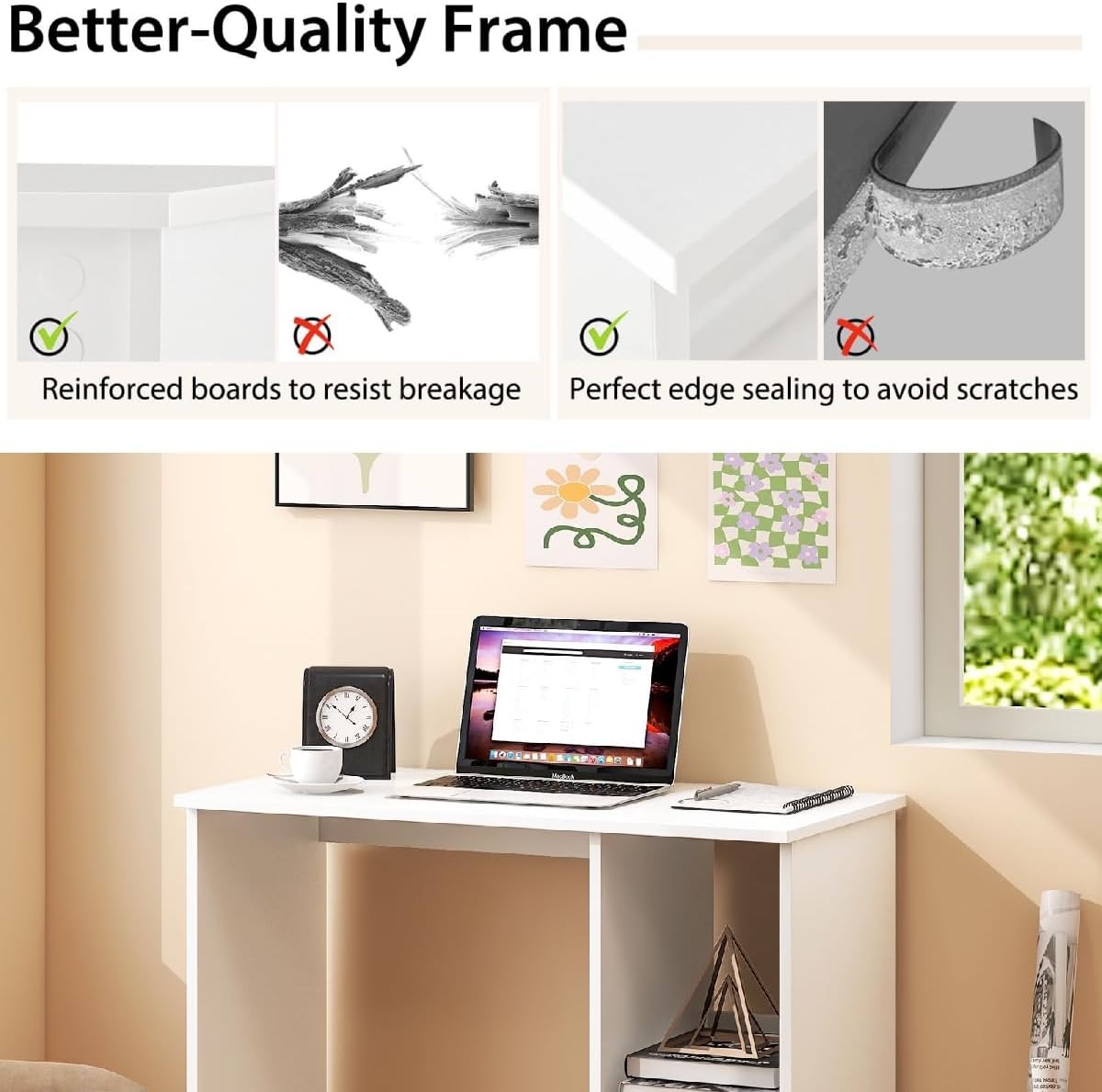 Compact Computer Desk with Shelves Small Space Home Office Laptop Table White