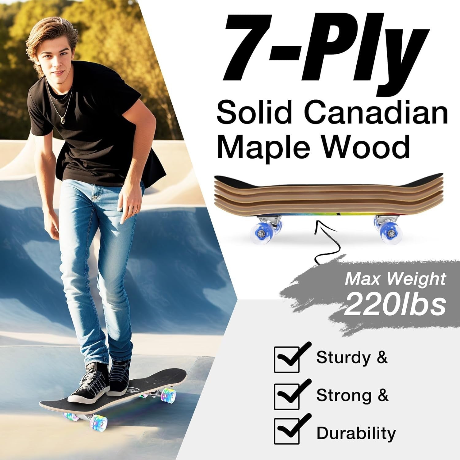 31x8 Pro Maple Skateboard Blue Double Kick Street Cruiser for Kids Adults