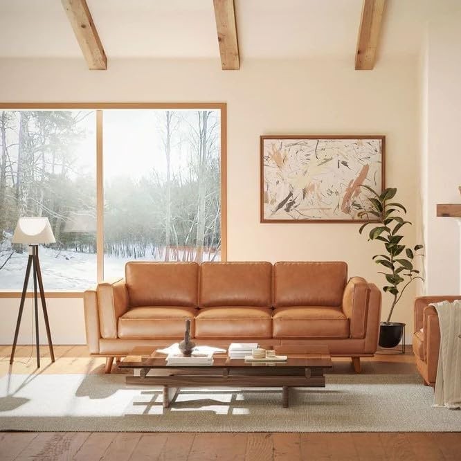 Italian Leather Sofa 3 Seater | Cognac Tan | Solid Wood | Mid Century