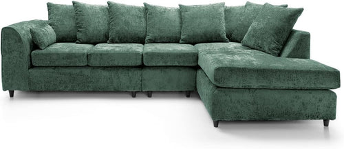 Large Green Chenille Corner Sofa – Right Hand L-Shaped Couch – 5 Seater