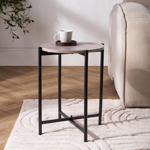 Round Marble Look Side Table Small Coffee End Table with Sturdy Metal Frame