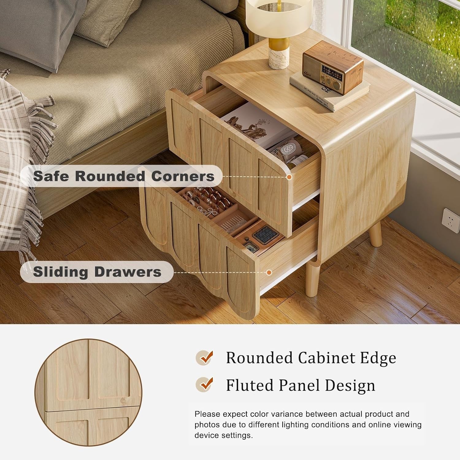 Modern Wood Bedside Table with 2 Drawers, Nightstand for Bedroom