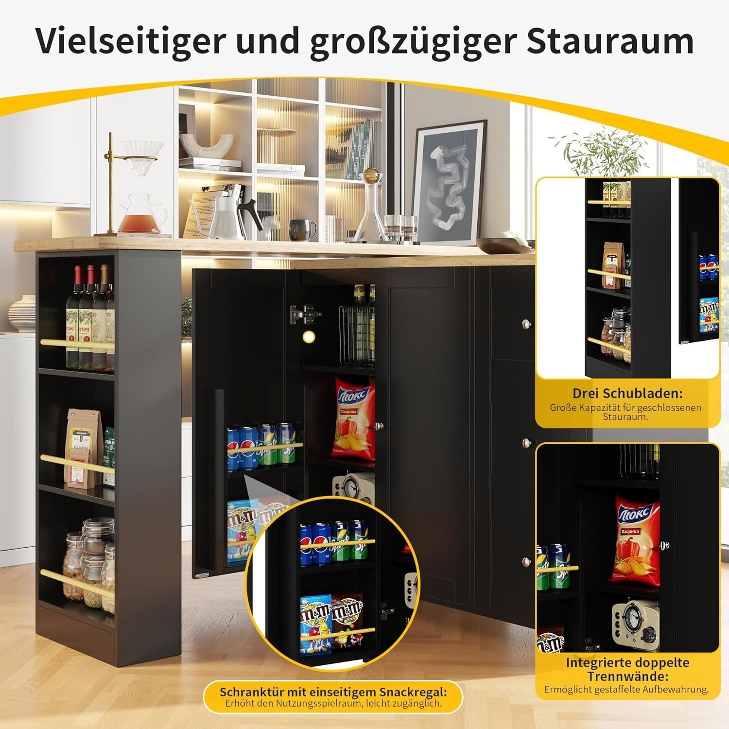 Mobile Kitchen Island w/ 3 Drawers, 360° Swivel & Storage Shelves 209cm