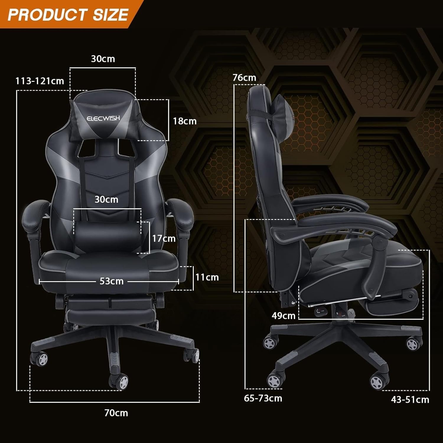 Ergonomic Gaming Chair with Footrest Massage 150° Reclining Grey