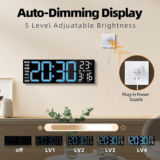 16" RGB Digital Wall Clock Large Display Temp Date Auto-DST Remote Dimmer