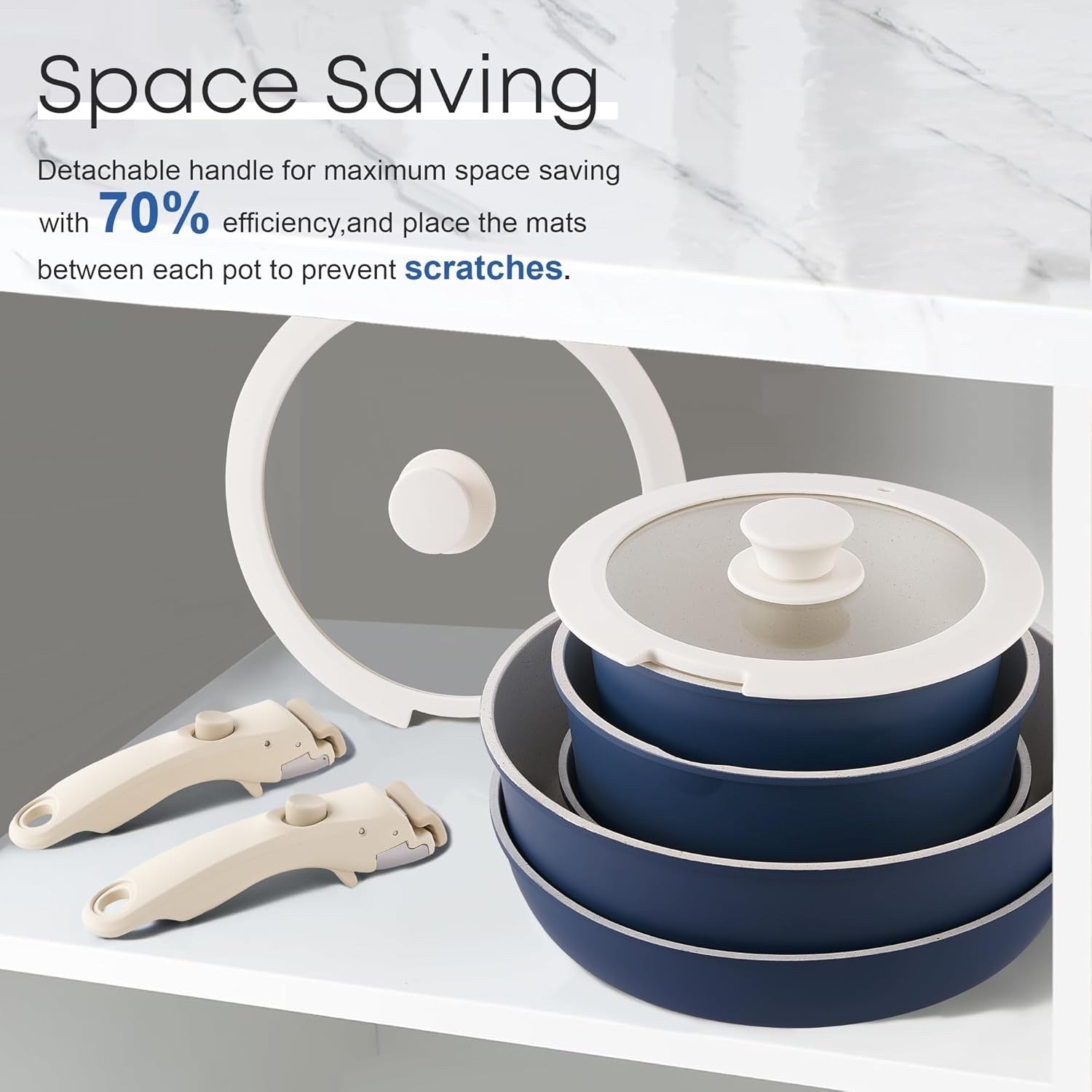 5Pcs Blue Pots Pans Set with Glass Lids & Detachable Handle Induction Safe