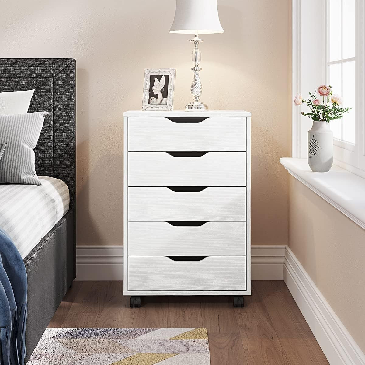 5 Drawer Mobile Filing Cabinet with Wheels Office Storage Chest White