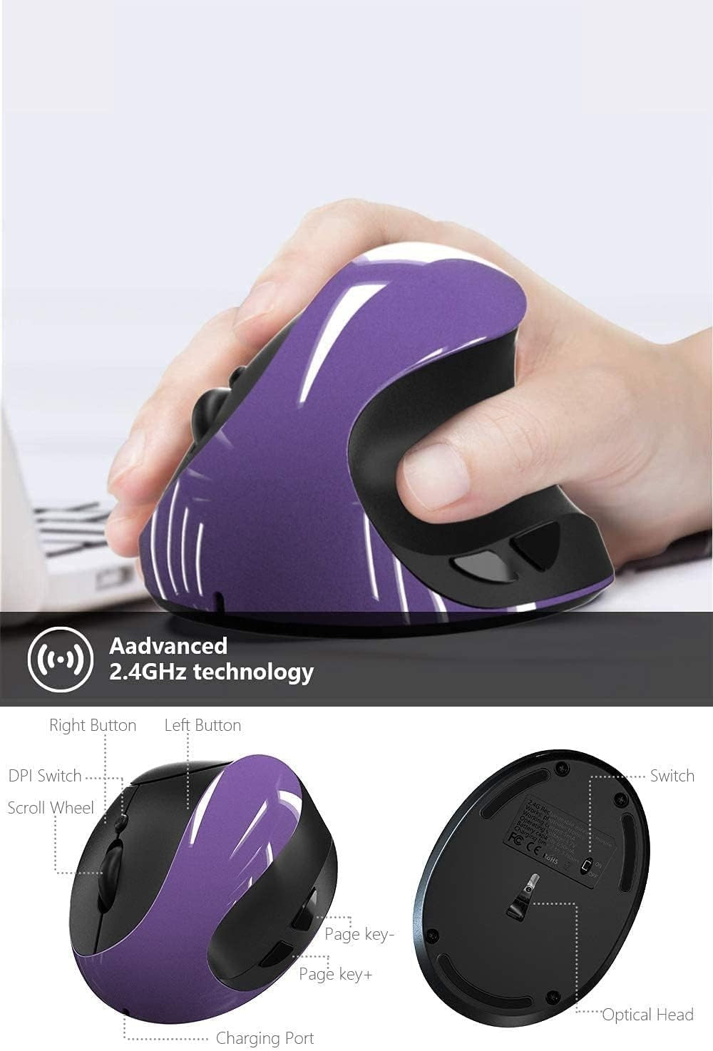 Rechargeable Vertical Ergonomic Mouse Wireless 1600 DPI Comfort