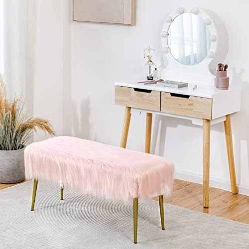 Faux Fur Ottoman Bench with Gold Legs, Plush Vanity Seat Stool Pink