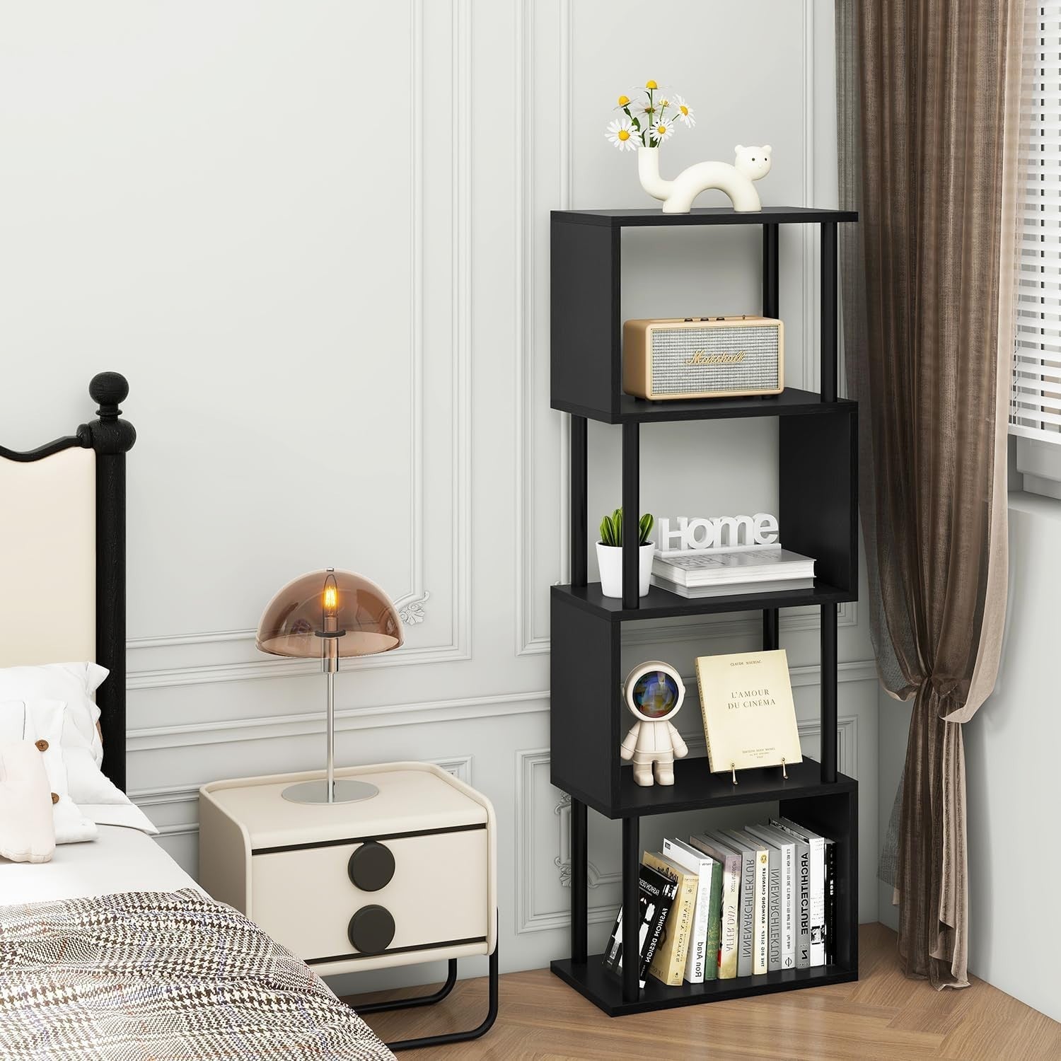 5 Tier S Shaped Bookcase Black Modern Wood Display Storage Shelf 155cm
