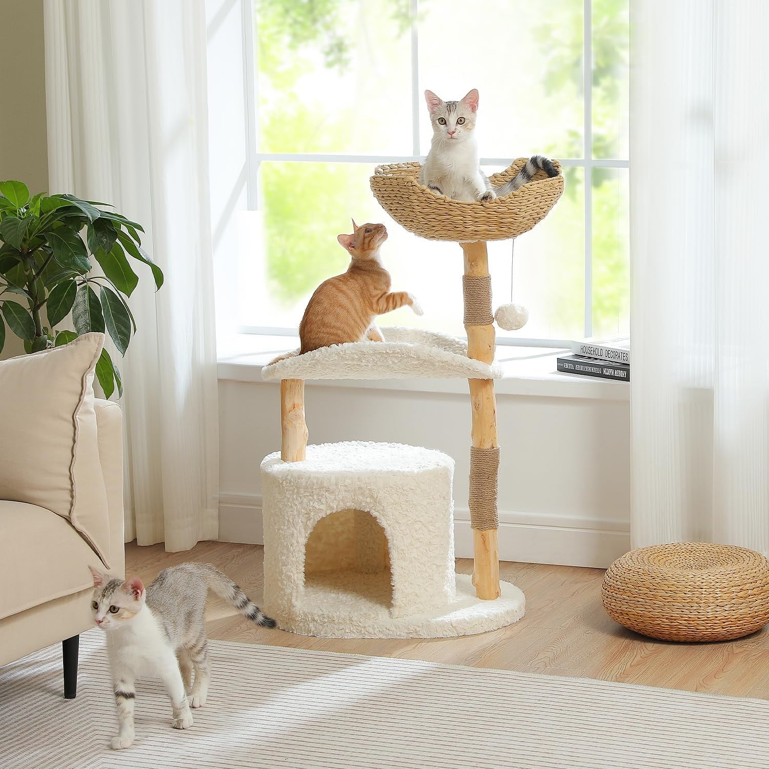 Modern Cat Tree 97cm Solid Wood Tower Rattan Basket Condo Indoor Cats
