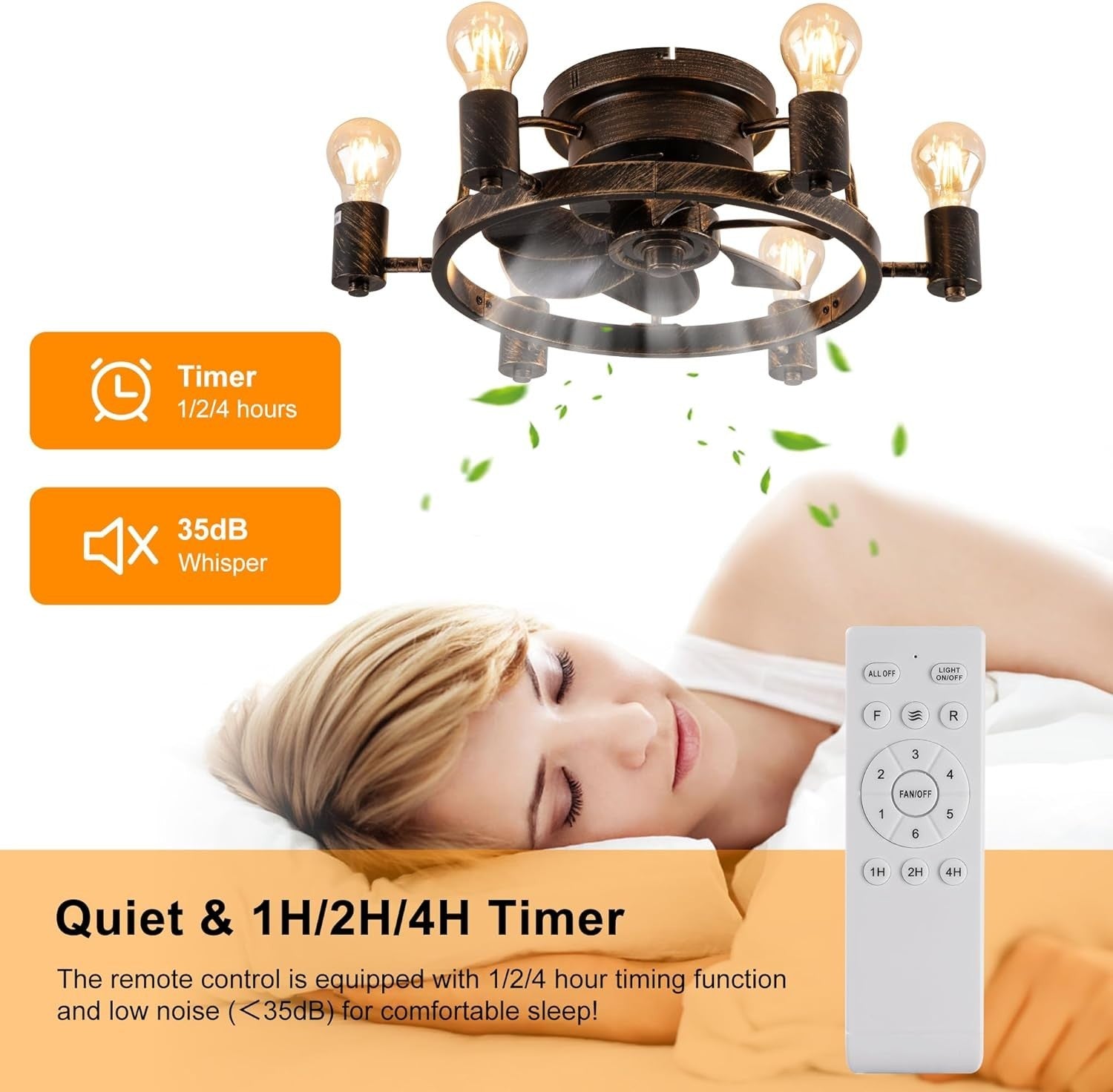 52cm Industrial Ceiling Fan Light, 6 Lights, Remote, Flush Mount, Black