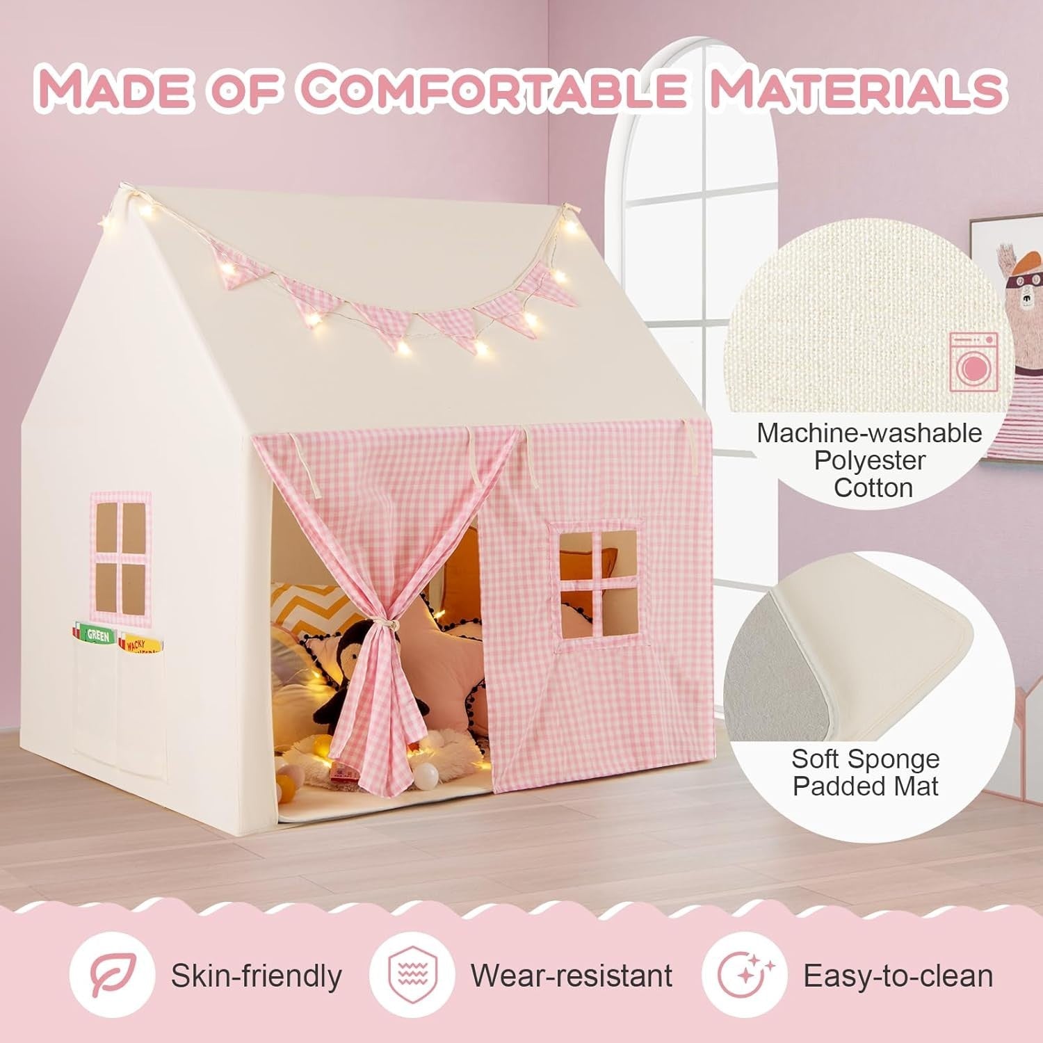 Pink Kids Castle Play Tent with Mat Star Lights Fairy Indoor House