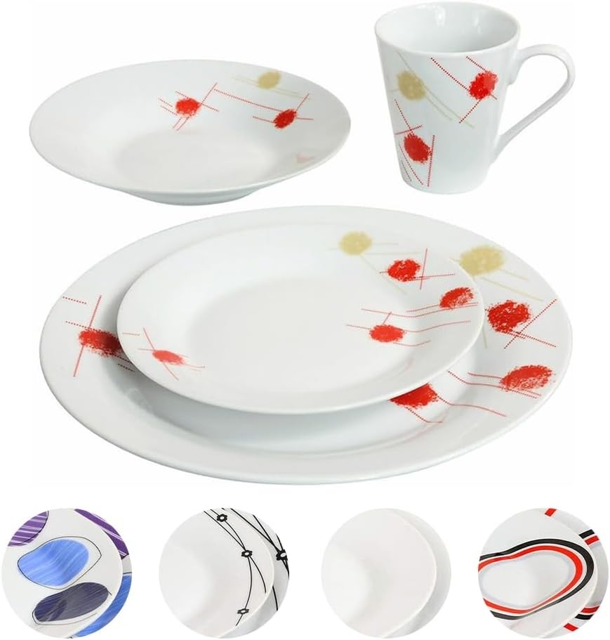 16pc Porcelain Dinner Set Plates Bowls Mugs Cream Red Microwave Safe