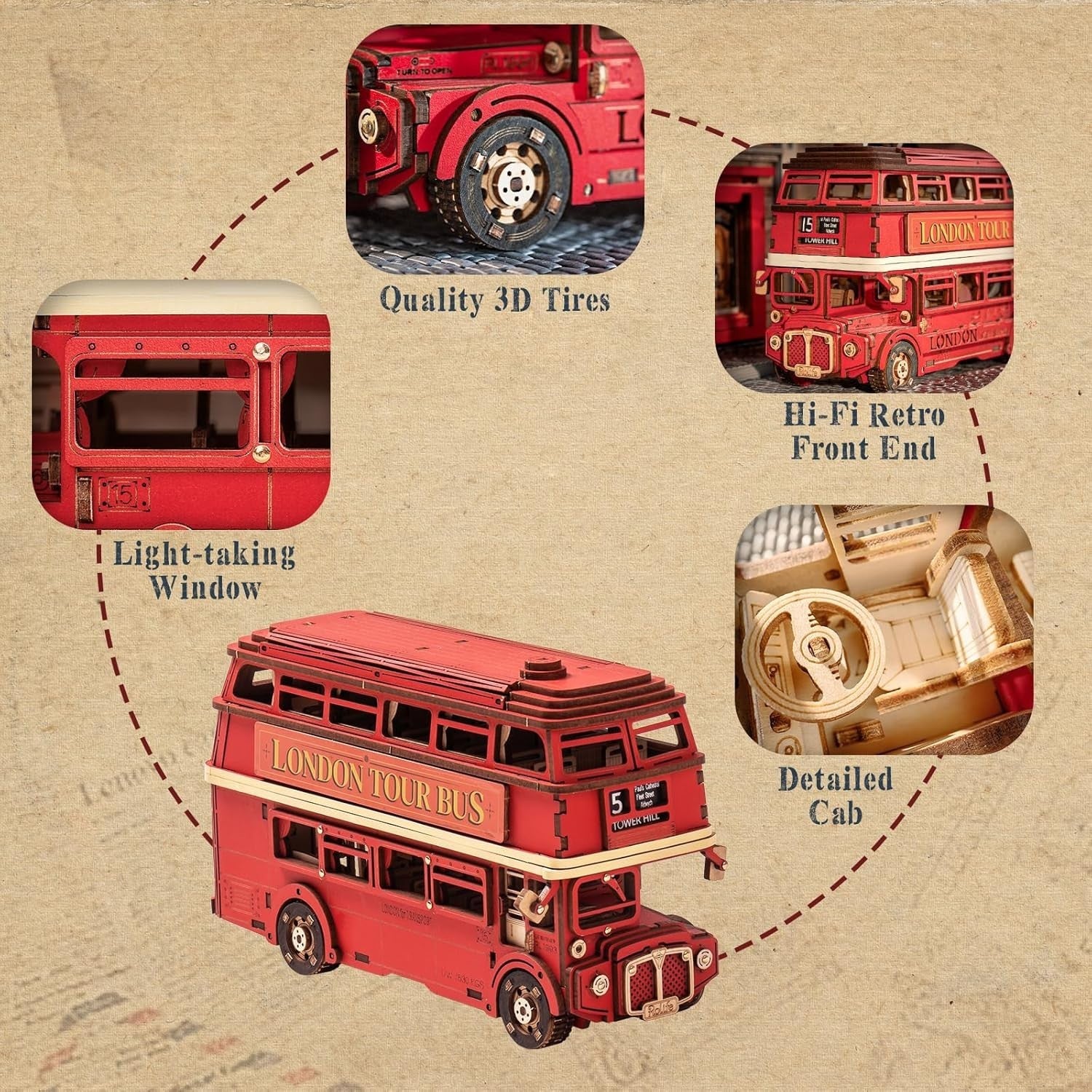 3D Wooden London Bus Model Kit DIY Puzzle for Adults Gift Home Decor