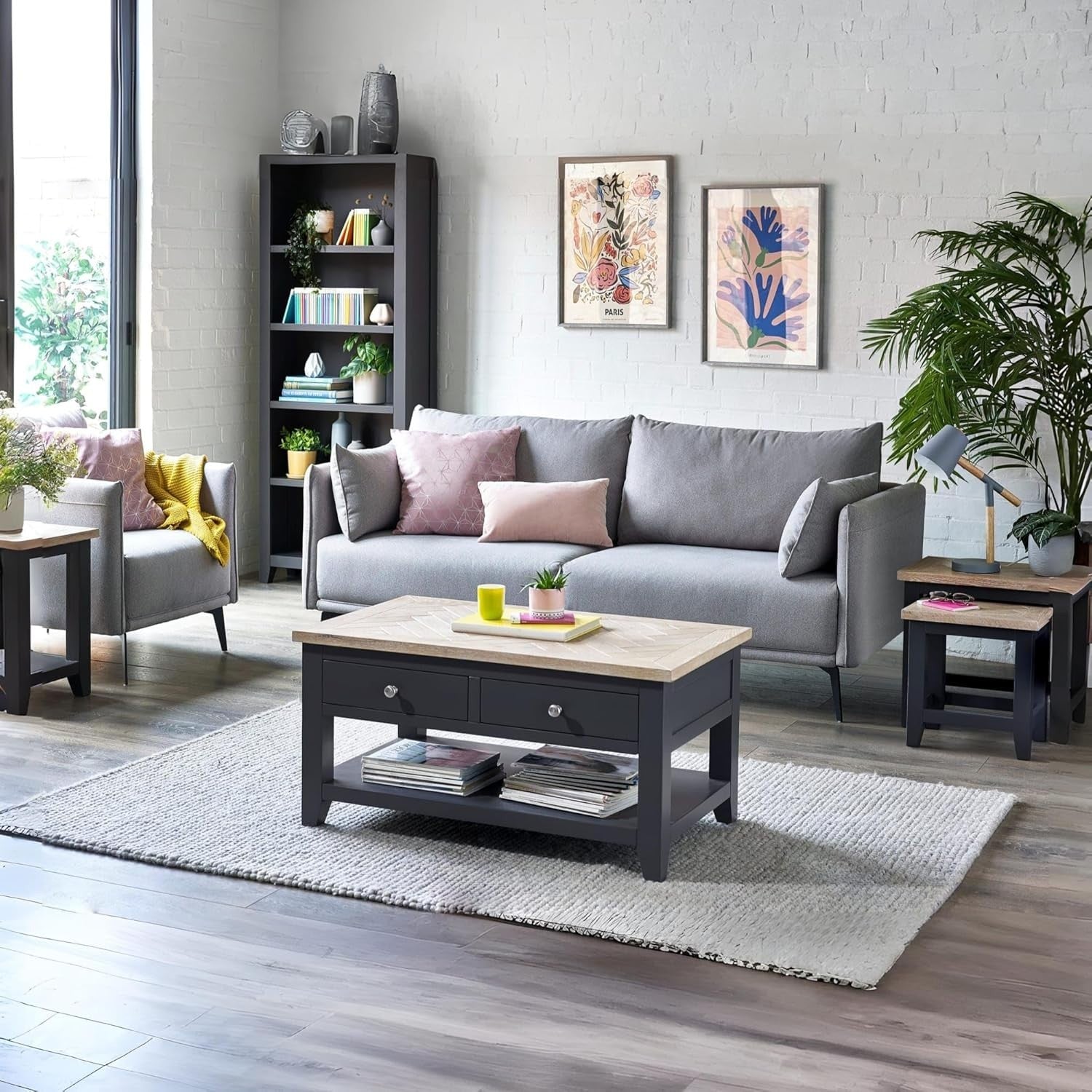 Dark Grey Oak Side Table Parquet Top Lamp End Table Solid Wood Lacquered