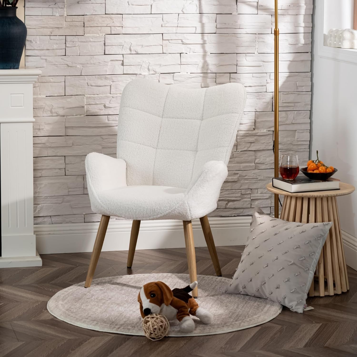 Beige Wingback Armchair Sherpa Fleece Lounge Chair, Padded & Wooden Legs