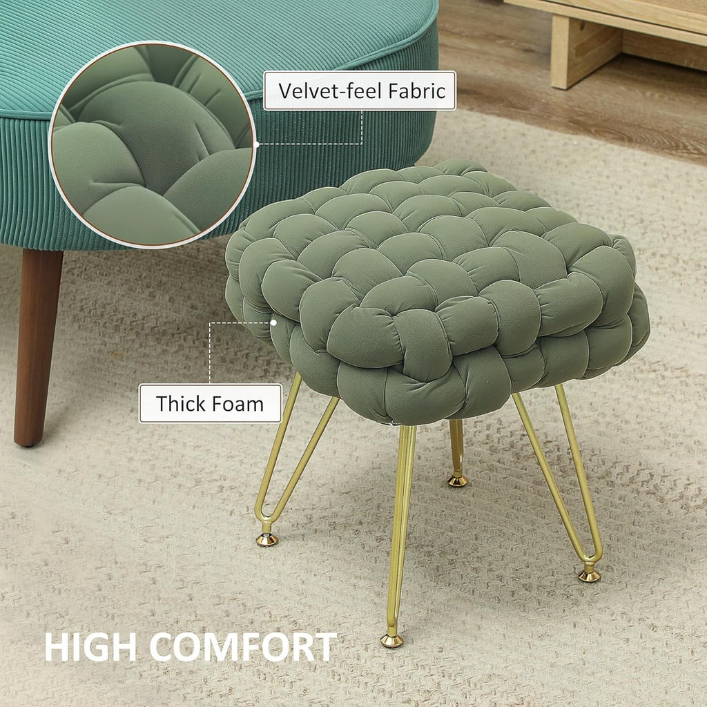 Dark Green Square Footstool Woven Velvet Ottoman Metal Leg Vanity Seat