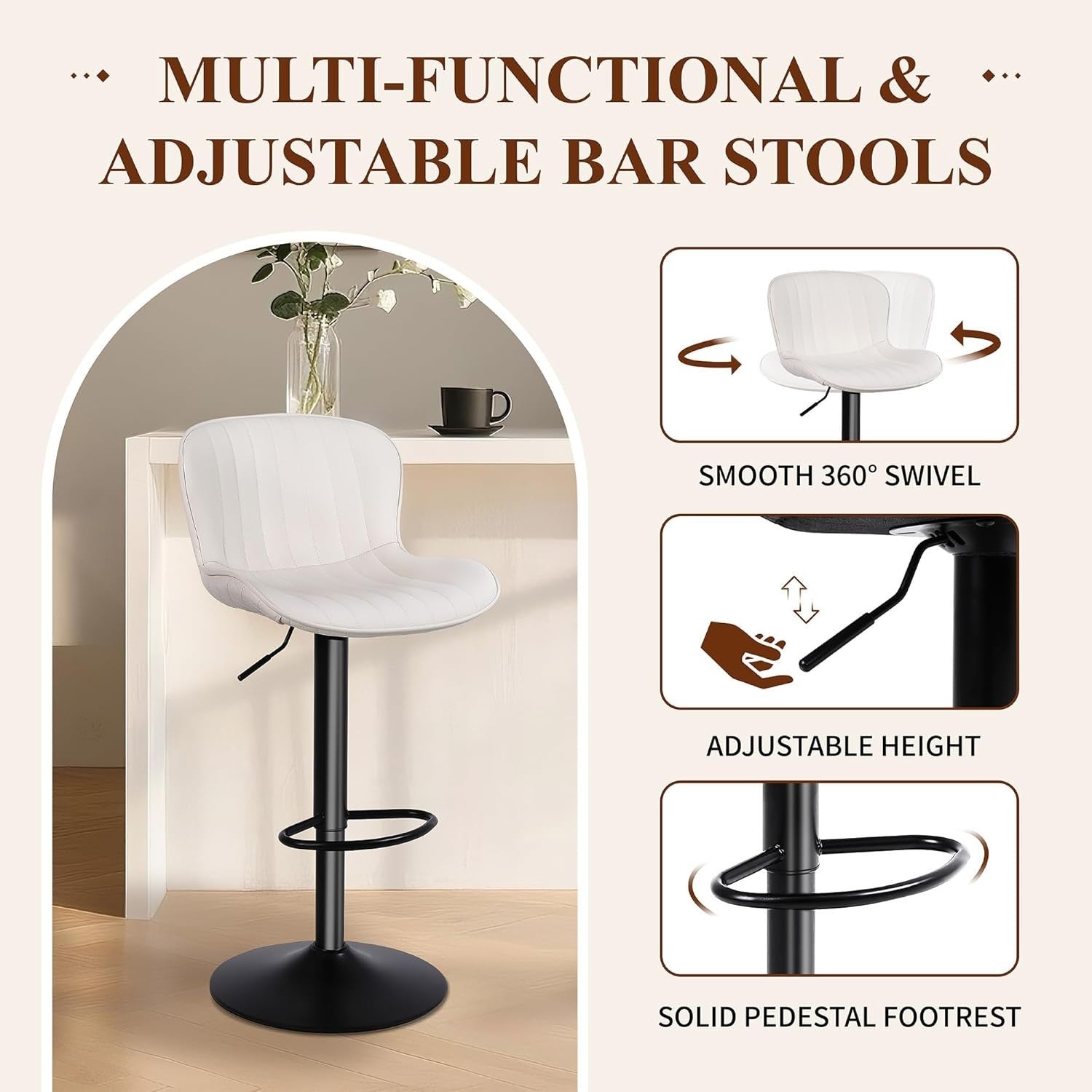 Beige PU Leather Bar Stools Set of 2 Adjustable Kitchen Counter Chairs