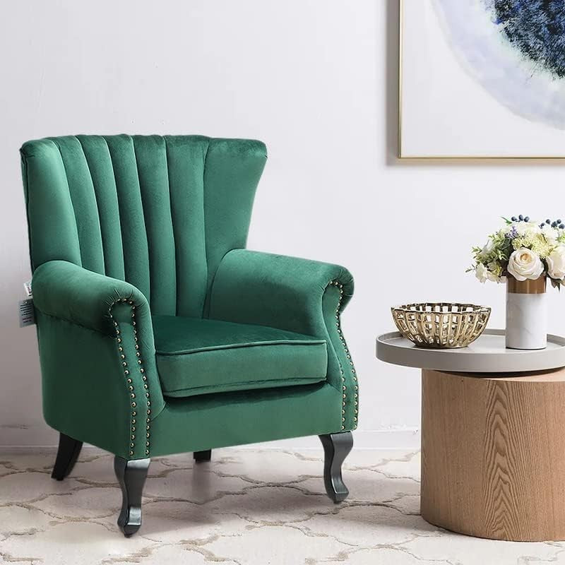 Green Velvet Wingback Accent Chair Fireside Armchair Wood Legs