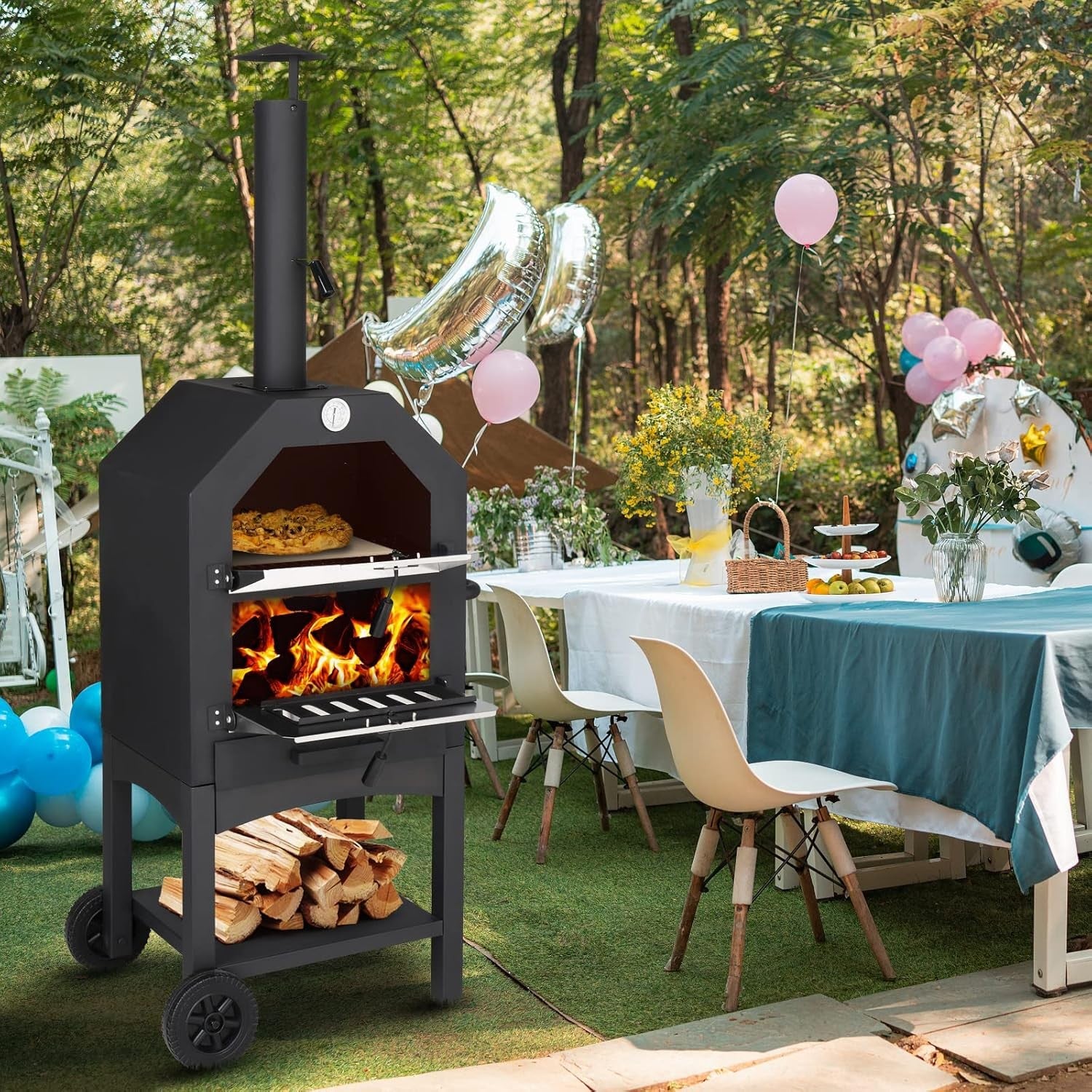 Outdoor Pizza Oven with Chimney | Smoker BBQ Grill Stand & Storage Wheels