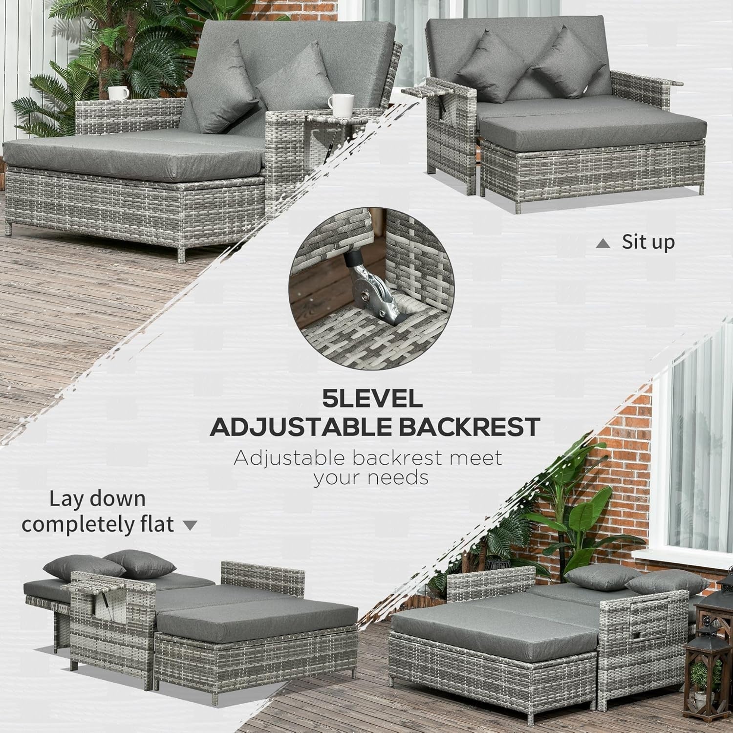 3-in-1 Mixed Grey Rattan Outdoor Daybed with Adjustable Back & Ottoman