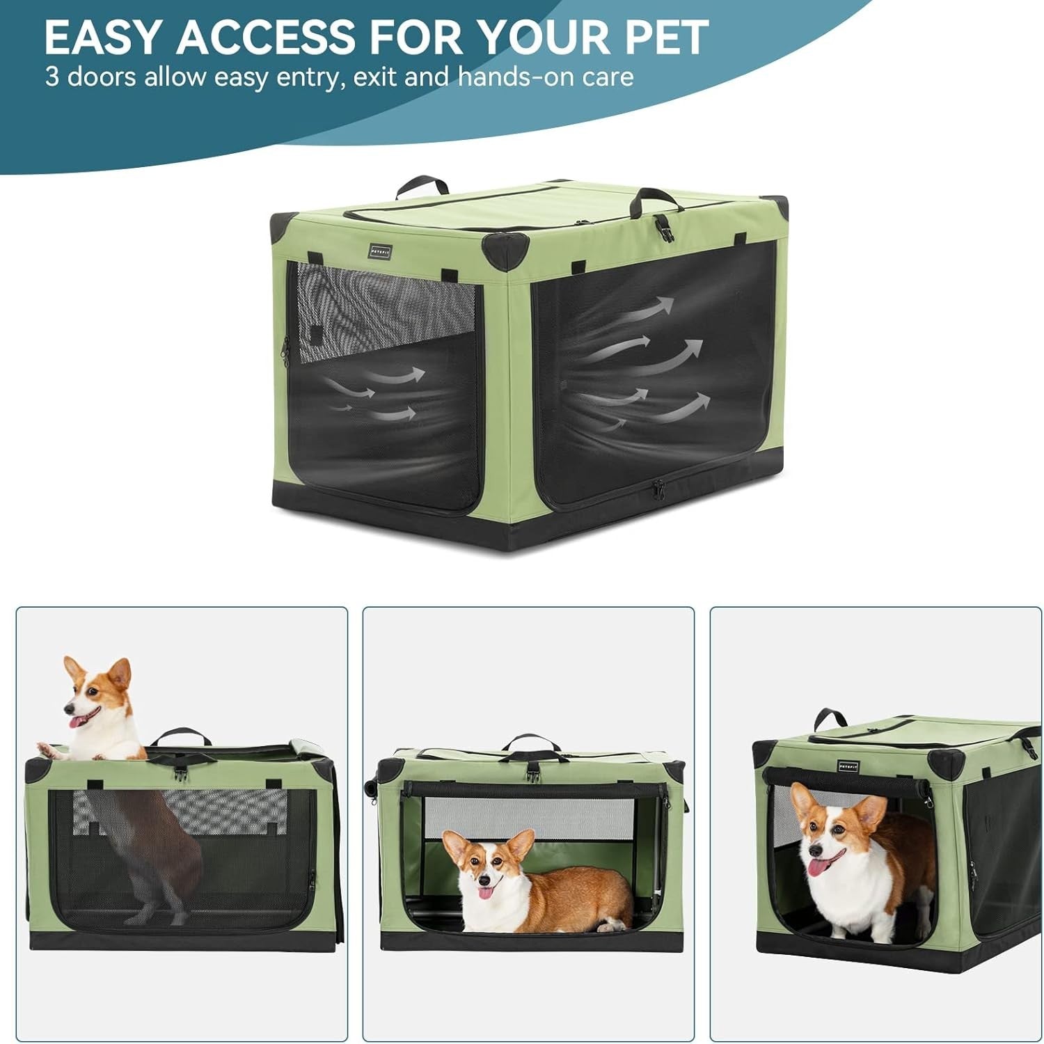 Petsfit Foldable Soft Dog Crate with Dual Lockable Doors, Travel-Ready