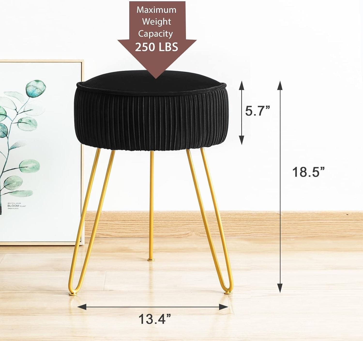 Black Velvet Pleated Vanity Stool Round Ottoman with Gold Metal Legs